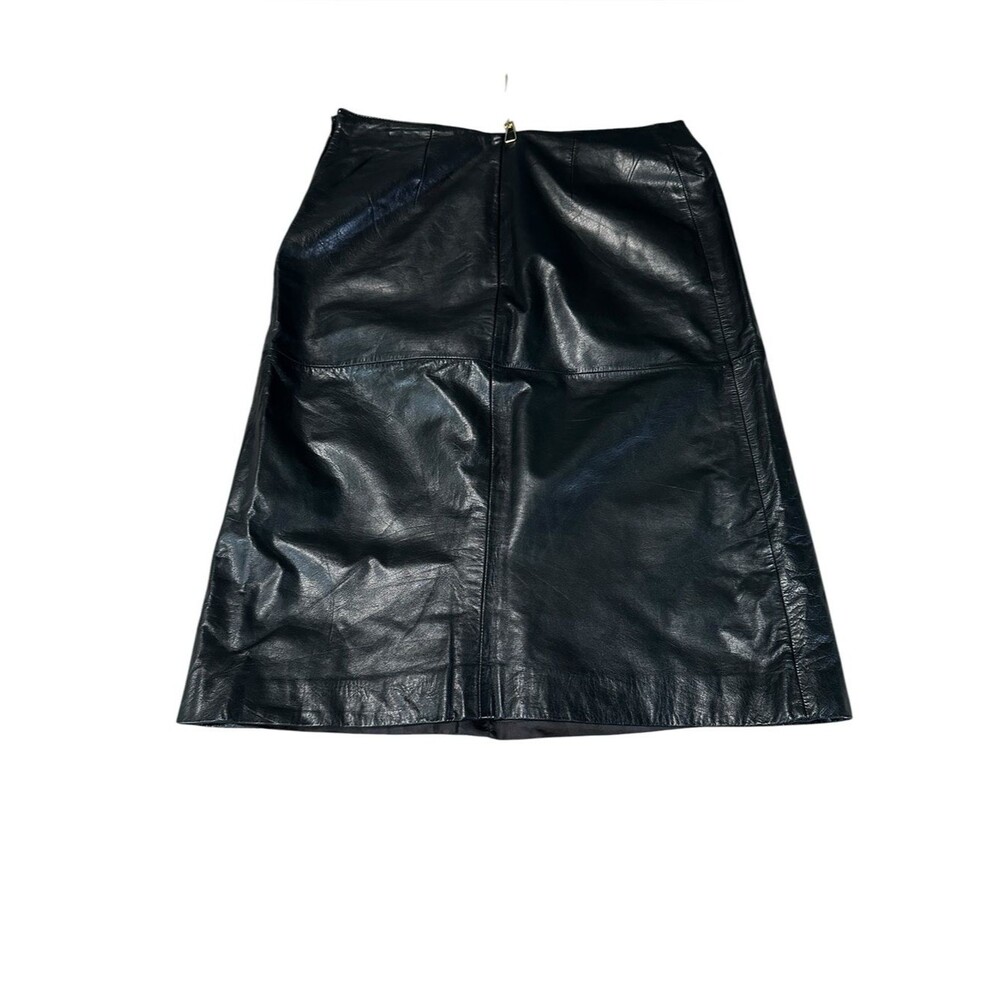 Ann Taylor Black Leather Midi Skirt Women’s 10 Y2K Minimalist A-Line Career